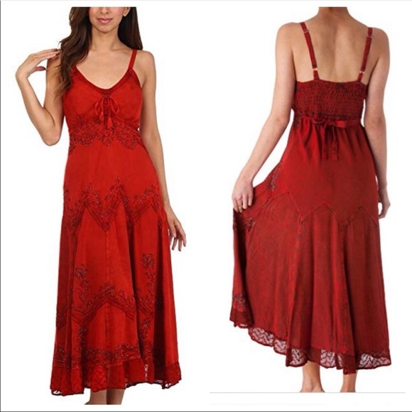 Sakkas Dresses & Skirts - Sakkas Womens Red Beaded Acid Wash Adjustable Sleeveless Sundress Size L/XL